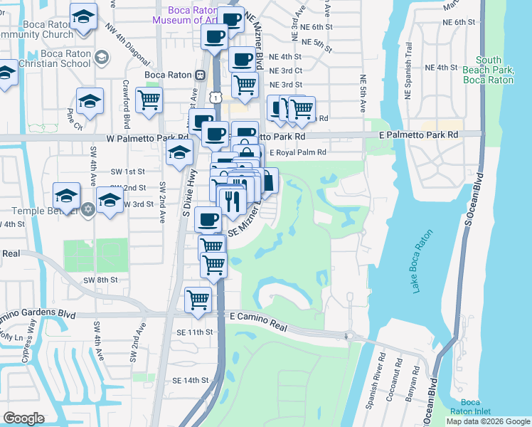 map of restaurants, bars, coffee shops, grocery stores, and more near 330 Southeast Mizner Boulevard in Boca Raton