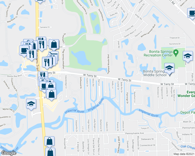map of restaurants, bars, coffee shops, grocery stores, and more near 9360 West Terry Street in Bonita Springs