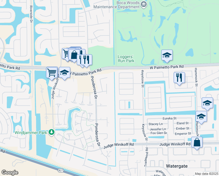 map of restaurants, bars, coffee shops, grocery stores, and more near 22155 Woodset Lane in Boca Raton