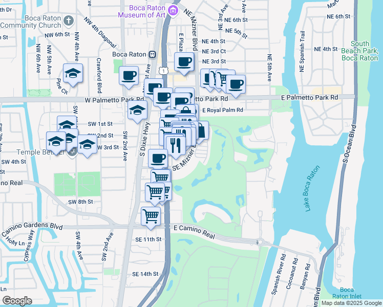 map of restaurants, bars, coffee shops, grocery stores, and more near 330 Southeast Mizner Boulevard in Boca Raton