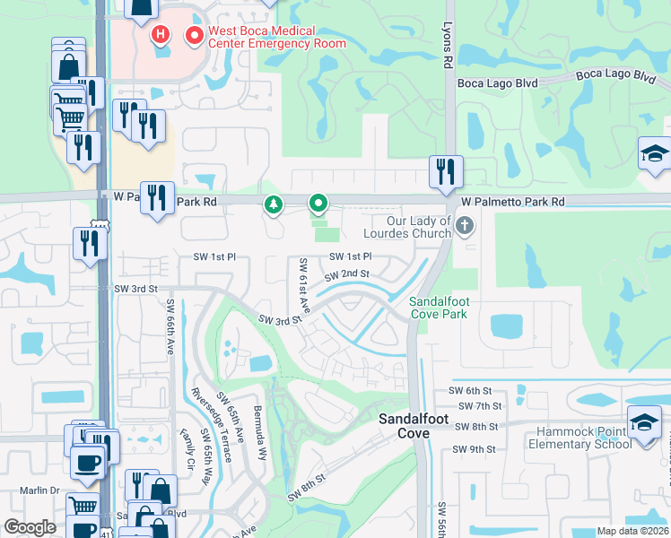 map of restaurants, bars, coffee shops, grocery stores, and more near 9300 Southwest 2nd Street in Boca Raton