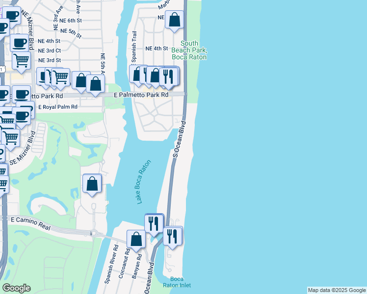 map of restaurants, bars, coffee shops, grocery stores, and more near 500 South Ocean Boulevard in Boca Raton