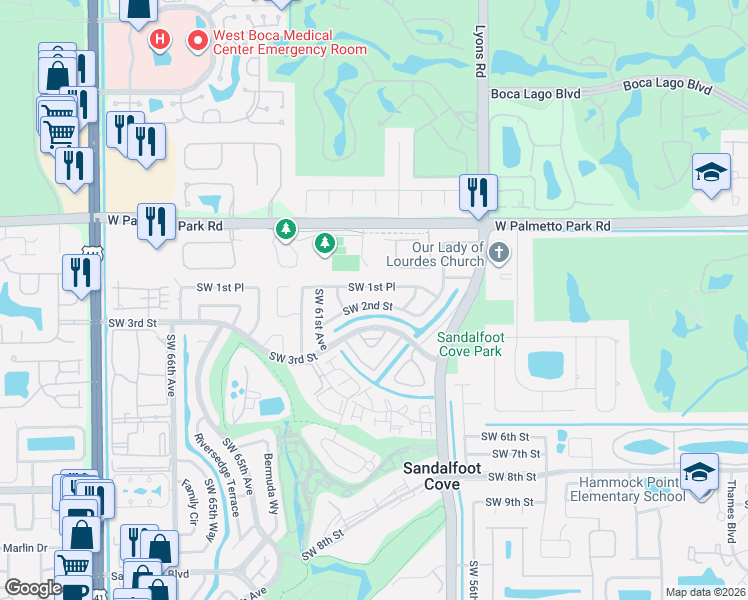 map of restaurants, bars, coffee shops, grocery stores, and more near 9300 Southwest 2nd Street in Boca Raton