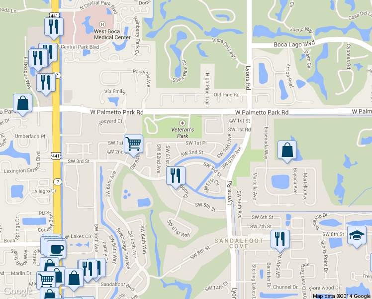 map of restaurants, bars, coffee shops, grocery stores, and more near 9300 Southwest 2nd Street in Boca Raton