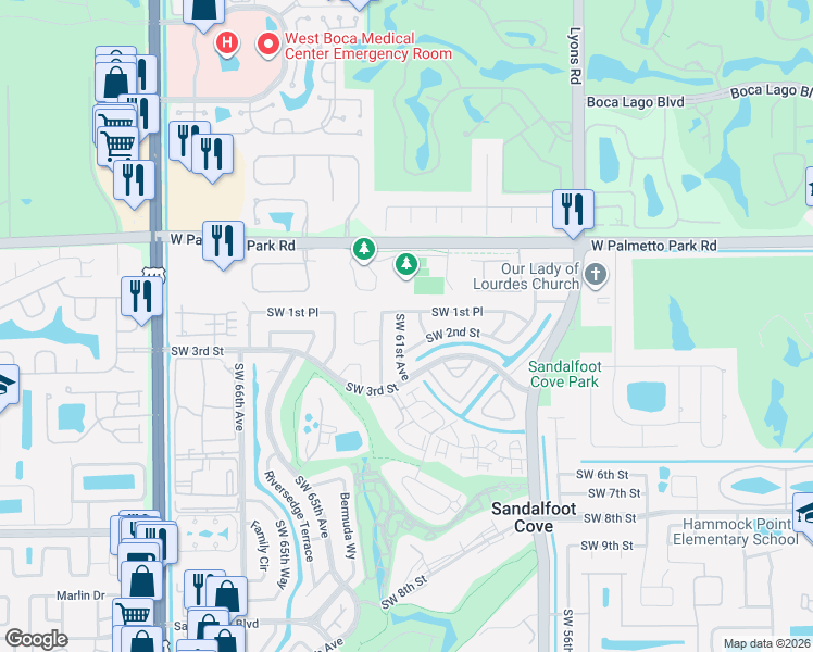 map of restaurants, bars, coffee shops, grocery stores, and more near 9384 Southwest 2nd Street in Boca Raton