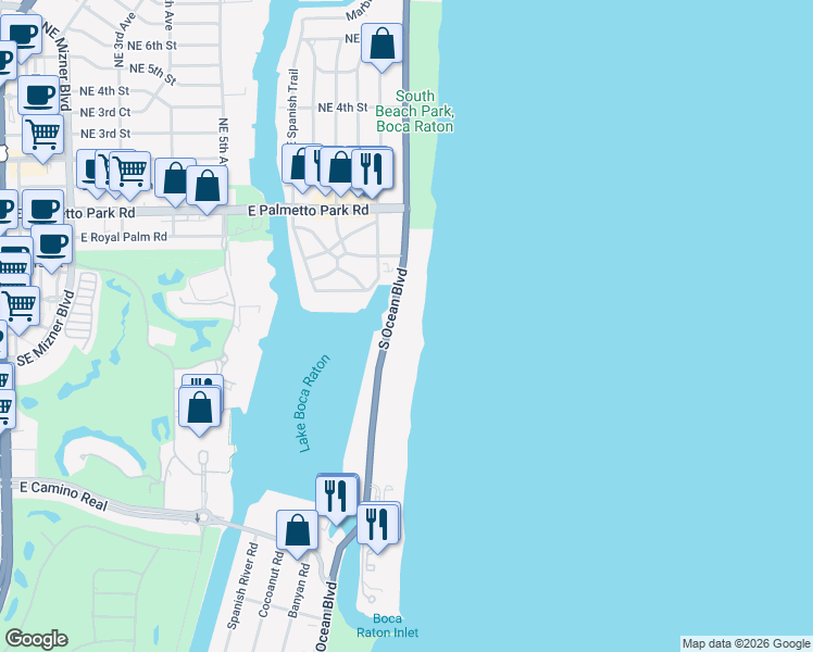 map of restaurants, bars, coffee shops, grocery stores, and more near 400 South Ocean Boulevard in Boca Raton