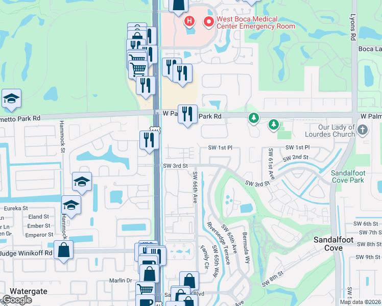 map of restaurants, bars, coffee shops, grocery stores, and more near 22246 Boca Rancho Drive in Boca Raton