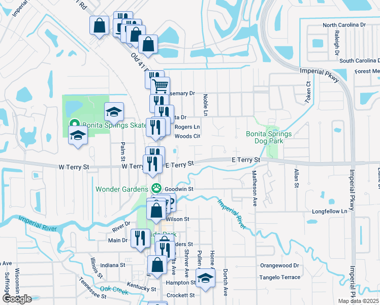 map of restaurants, bars, coffee shops, grocery stores, and more near 10621 East Terry Street in Bonita Springs