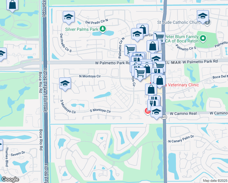 map of restaurants, bars, coffee shops, grocery stores, and more near 22295 Guadeloupe Street in Boca Raton