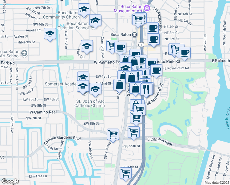 map of restaurants, bars, coffee shops, grocery stores, and more near 450 Southwest 2nd Avenue in Boca Raton