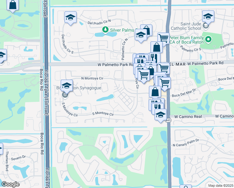 map of restaurants, bars, coffee shops, grocery stores, and more near 22295 Guadeloupe Street in Boca Raton