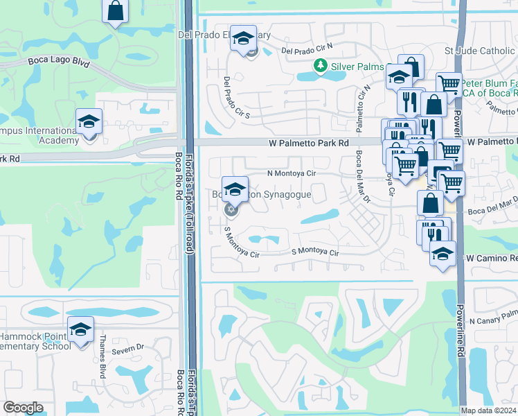 map of restaurants, bars, coffee shops, grocery stores, and more near 22246 Hollyhock Trail in Boca Raton