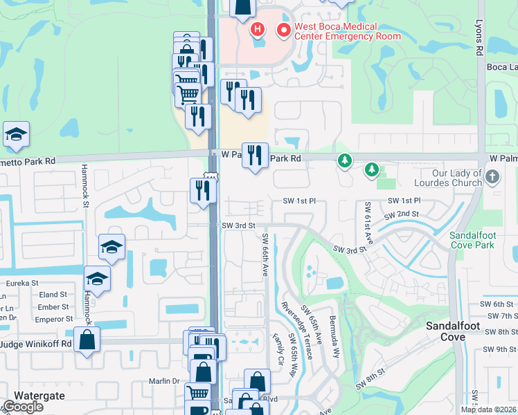 map of restaurants, bars, coffee shops, grocery stores, and more near 22246 Boca Rancho Drive in Boca Raton