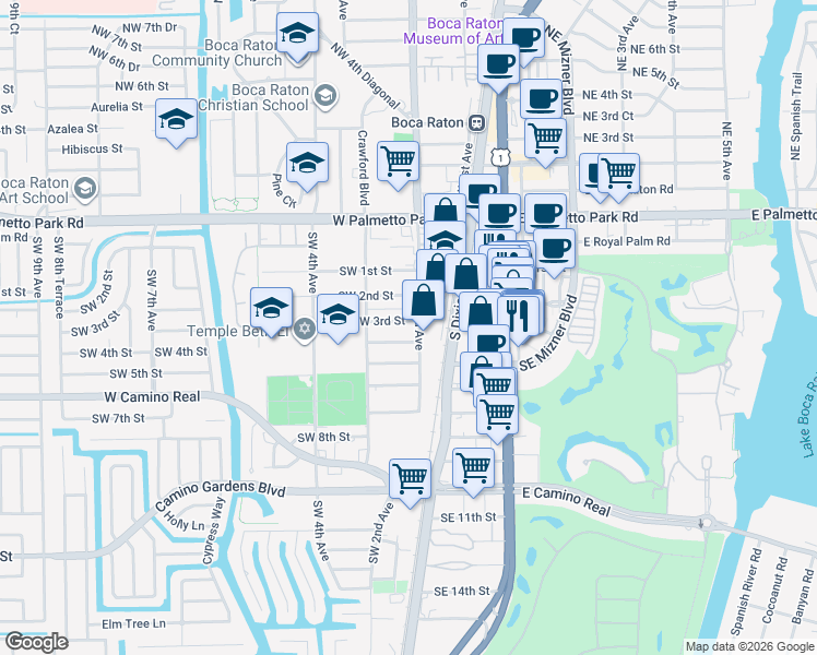 map of restaurants, bars, coffee shops, grocery stores, and more near 450 Southwest 2nd Avenue in Boca Raton