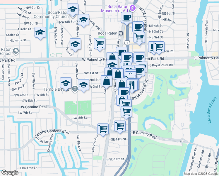 map of restaurants, bars, coffee shops, grocery stores, and more near 450 Southwest 2nd Avenue in Boca Raton