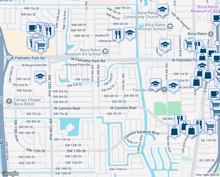 map of restaurants, bars, coffee shops, grocery stores, and more near Southwest 3rd Street in Boca Raton