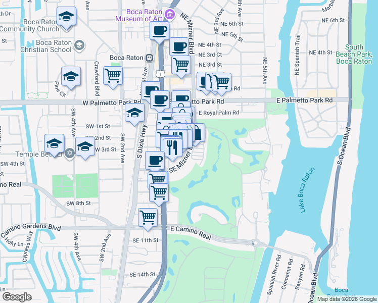 map of restaurants, bars, coffee shops, grocery stores, and more near 330 Southeast Mizner Boulevard in Boca Raton
