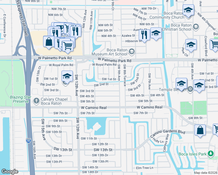 map of restaurants, bars, coffee shops, grocery stores, and more near 978 Southwest 1st Street in Boca Raton