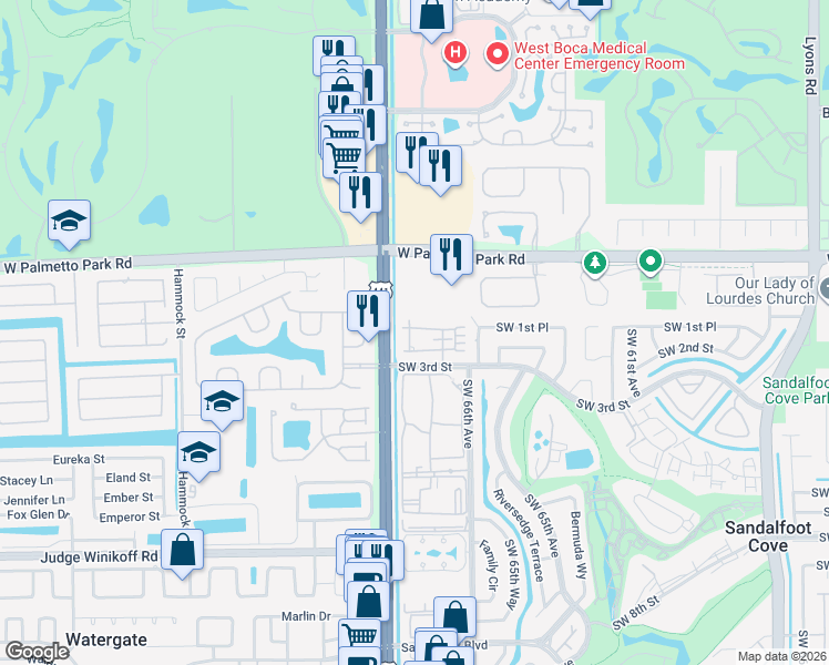 map of restaurants, bars, coffee shops, grocery stores, and more near 22192 Boca Rancho Drive in Boca Raton