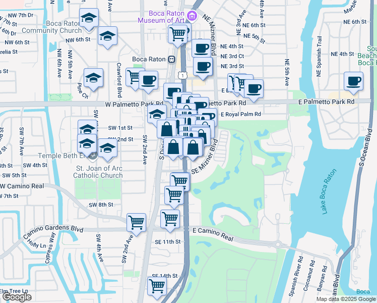 map of restaurants, bars, coffee shops, grocery stores, and more near 301 Via De Palmas in Boca Raton