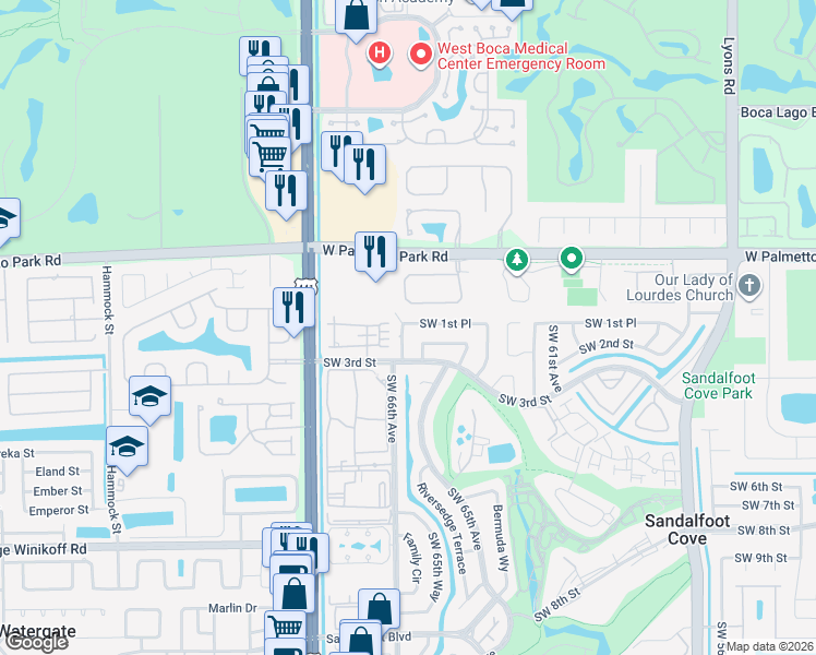 map of restaurants, bars, coffee shops, grocery stores, and more near 9720 Vineyard Court in Boca Raton