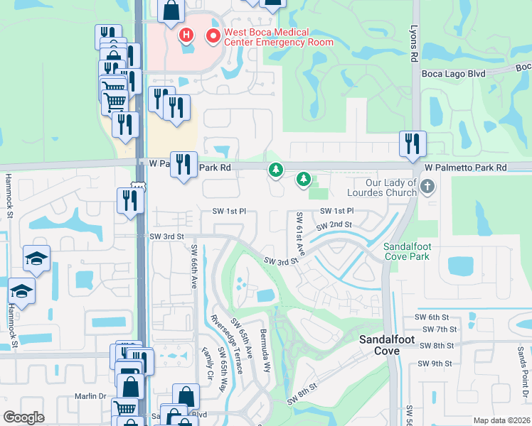 map of restaurants, bars, coffee shops, grocery stores, and more near 9589 Southwest 1st Place in Boca Raton