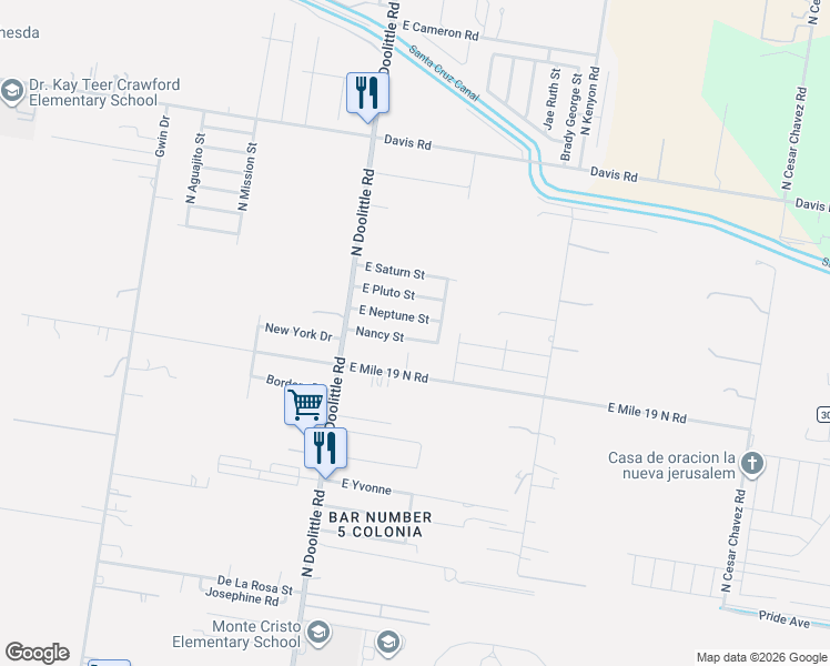 map of restaurants, bars, coffee shops, grocery stores, and more near 3308 East Neptune Street in Edinburg