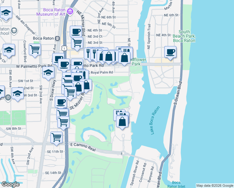 map of restaurants, bars, coffee shops, grocery stores, and more near 455 Addison Park Lane in Boca Raton