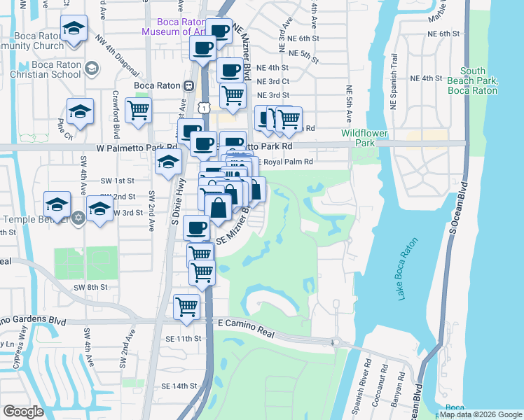 map of restaurants, bars, coffee shops, grocery stores, and more near 270 Southeast Mizner Boulevard in Boca Raton