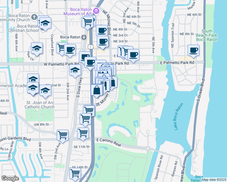 map of restaurants, bars, coffee shops, grocery stores, and more near 270 Southeast Mizner Boulevard in Boca Raton