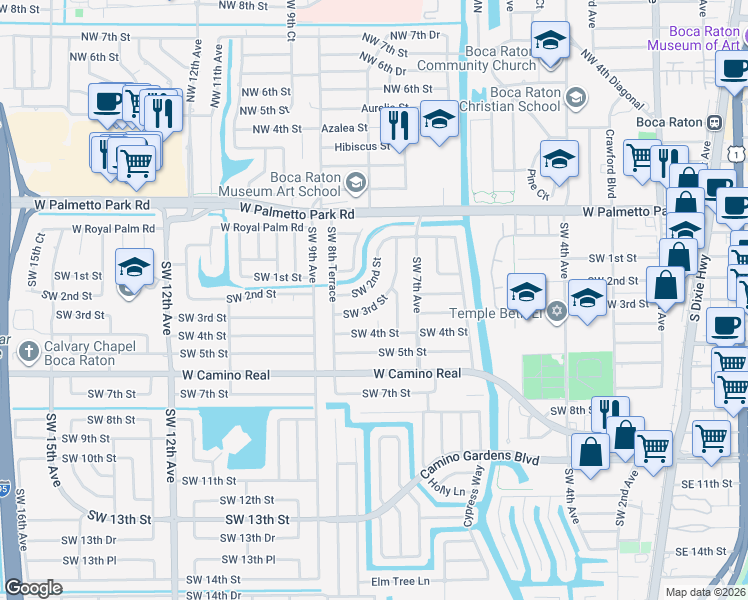 map of restaurants, bars, coffee shops, grocery stores, and more near 353 Southwest 7th Terrace in Boca Raton