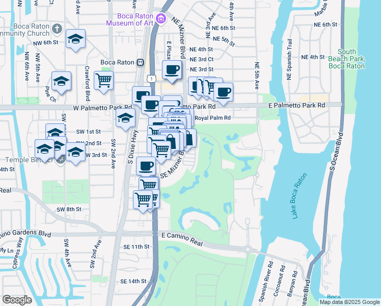 map of restaurants, bars, coffee shops, grocery stores, and more near 270 Southeast Mizner Boulevard in Boca Raton
