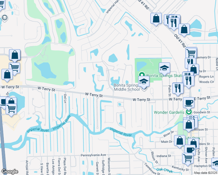 map of restaurants, bars, coffee shops, grocery stores, and more near 9601 Rosewood Pointe Court in Bonita Springs