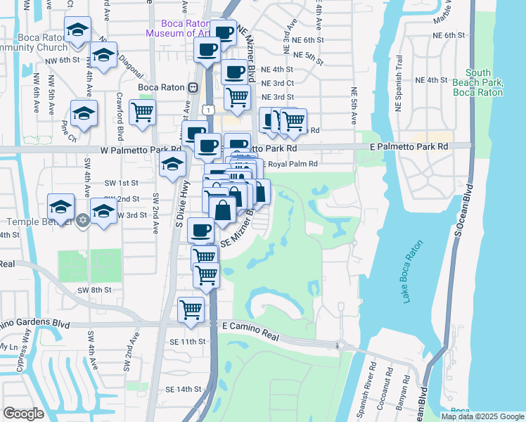 map of restaurants, bars, coffee shops, grocery stores, and more near 370 Southeast Mizner Boulevard in Boca Raton