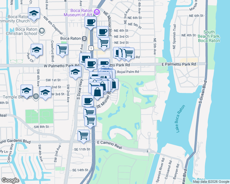 map of restaurants, bars, coffee shops, grocery stores, and more near 200 Southeast Mizner Boulevard in Boca Raton