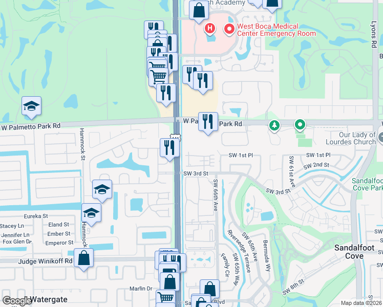 map of restaurants, bars, coffee shops, grocery stores, and more near 22192 Boca Rancho Drive in Boca Raton