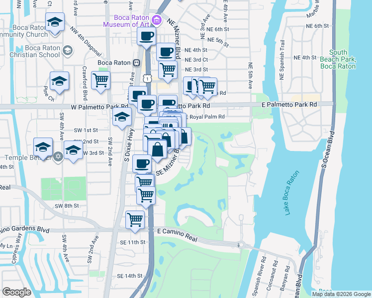 map of restaurants, bars, coffee shops, grocery stores, and more near 270 Southeast Mizner Boulevard in Boca Raton