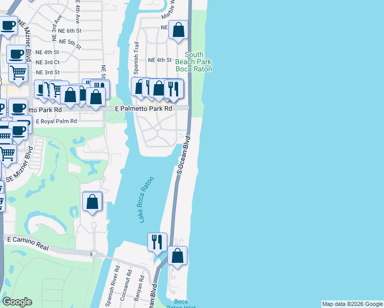 map of restaurants, bars, coffee shops, grocery stores, and more near 350 South Ocean Boulevard in Boca Raton