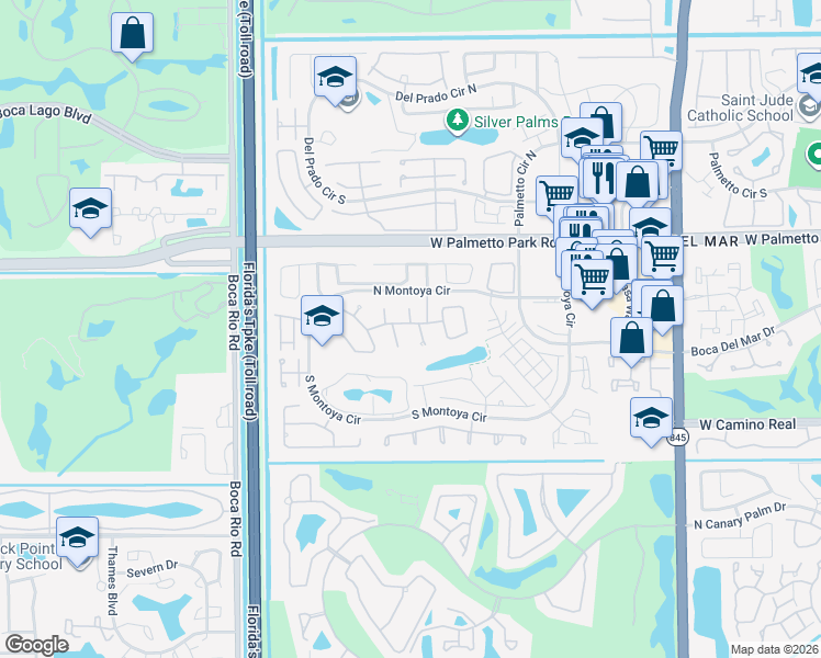map of restaurants, bars, coffee shops, grocery stores, and more near 22207 Alyssum Way in Boca Raton