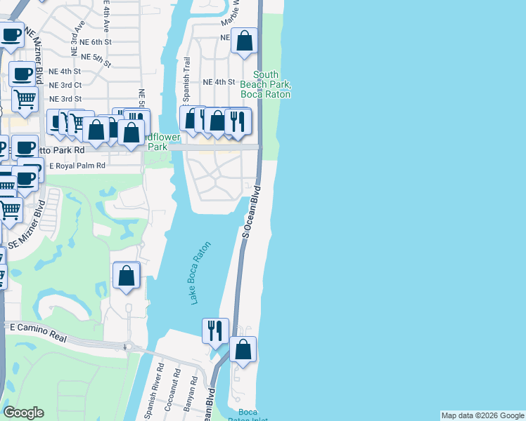 map of restaurants, bars, coffee shops, grocery stores, and more near 350 South Ocean Boulevard in Boca Raton