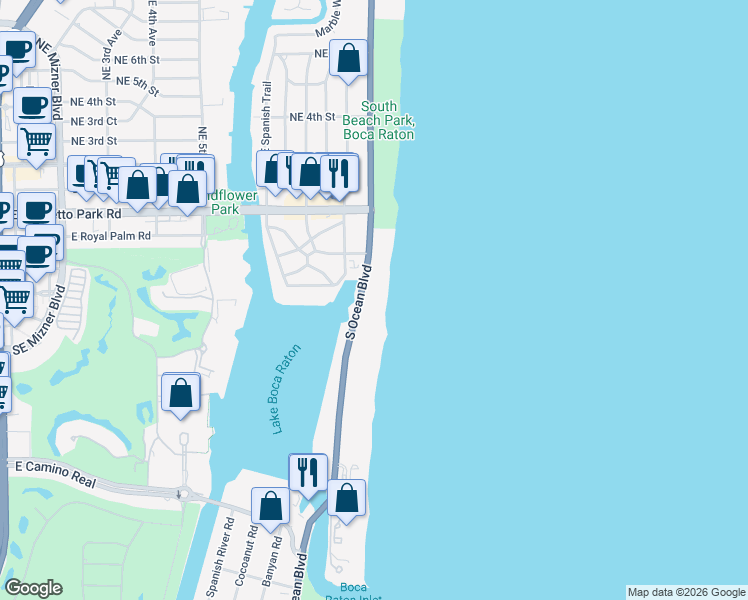 map of restaurants, bars, coffee shops, grocery stores, and more near 350 South Ocean Boulevard in Boca Raton