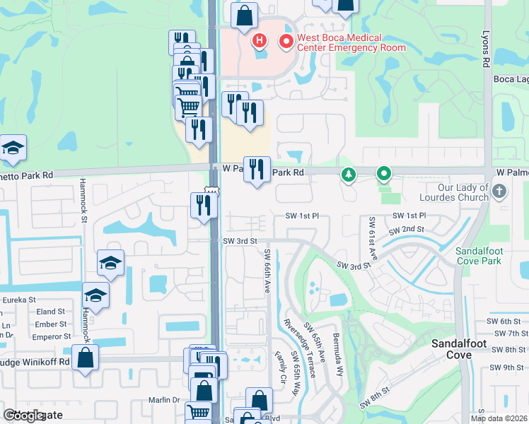 map of restaurants, bars, coffee shops, grocery stores, and more near 323 Boca Rancho Drive in Boca Raton