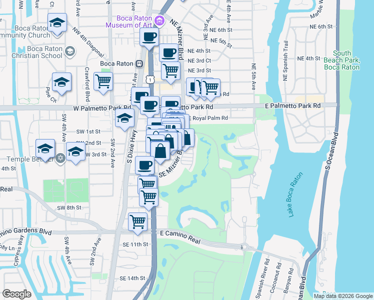 map of restaurants, bars, coffee shops, grocery stores, and more near 200 Southeast Mizner Boulevard in Boca Raton