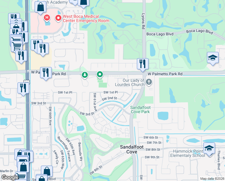 map of restaurants, bars, coffee shops, grocery stores, and more near 9297 Southwest 1st Place in Boca Raton