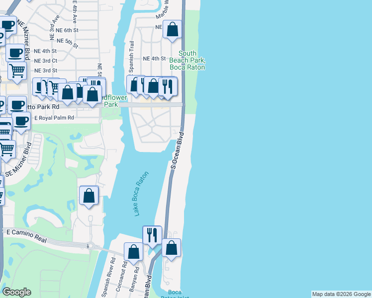 map of restaurants, bars, coffee shops, grocery stores, and more near 350 South Ocean Boulevard in Boca Raton