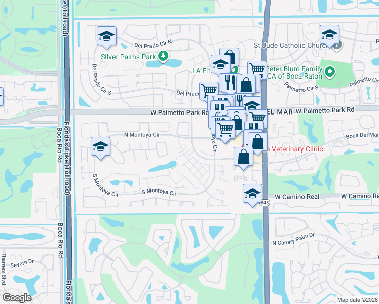 map of restaurants, bars, coffee shops, grocery stores, and more near 104 Carmona Terrace in Boca Raton