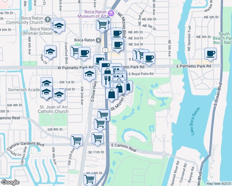 map of restaurants, bars, coffee shops, grocery stores, and more near 284 Esplanade in Boca Raton