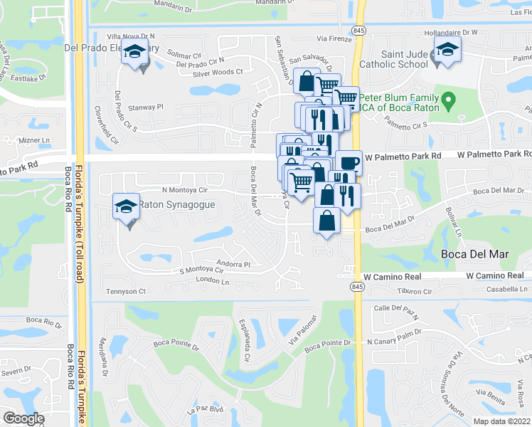 map of restaurants, bars, coffee shops, grocery stores, and more near 104 Carmona Terrace in Boca Raton