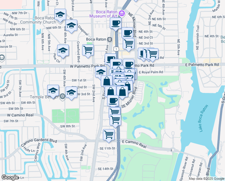 map of restaurants, bars, coffee shops, grocery stores, and more near 301 Via De Palmas in Boca Raton