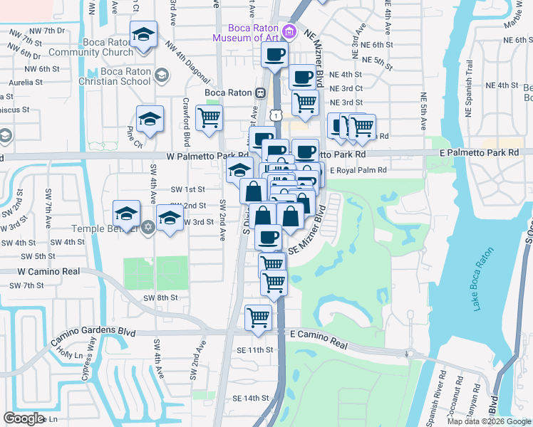 map of restaurants, bars, coffee shops, grocery stores, and more near 301 Via De Palmas in Boca Raton